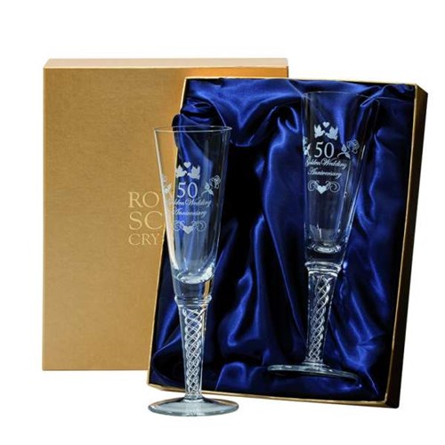 2 Royal Scot Presentation Boxed Air Twist Champagne flutes engraved Golden Wedding Anniversary